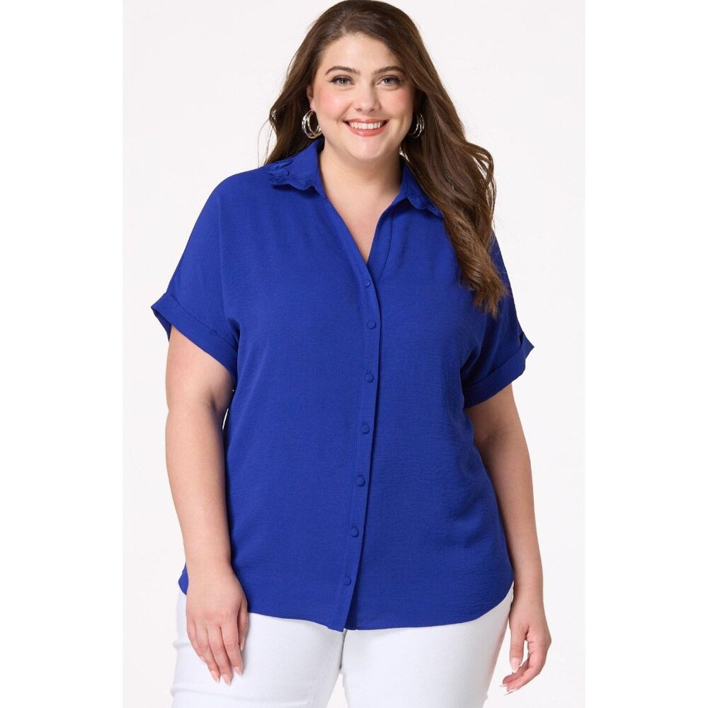 Cato Size XL Cobalt Blue Ric Rac Scalloped V-Neck Short Sleeve Top
